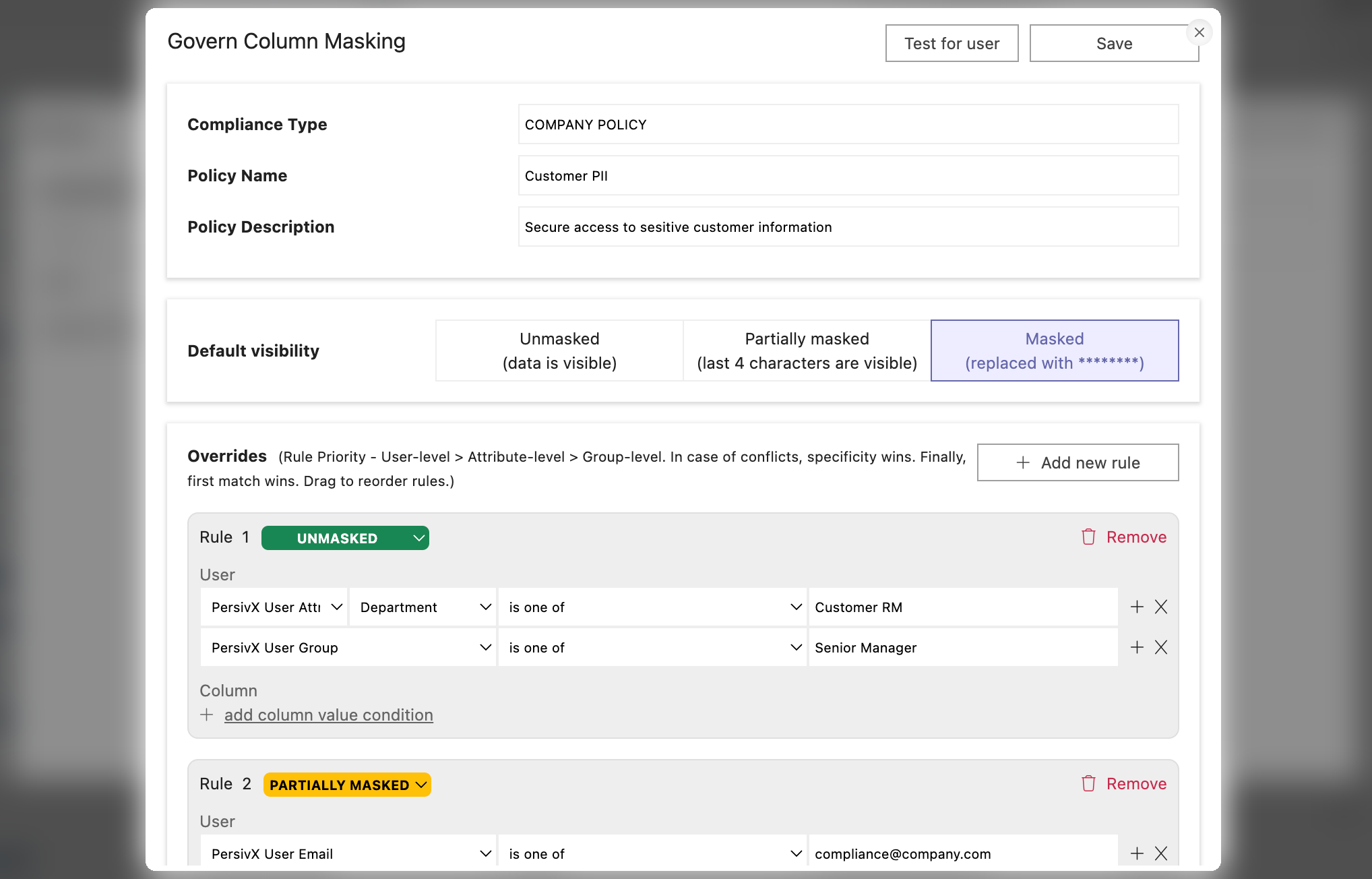 PersivX column masking policy editor